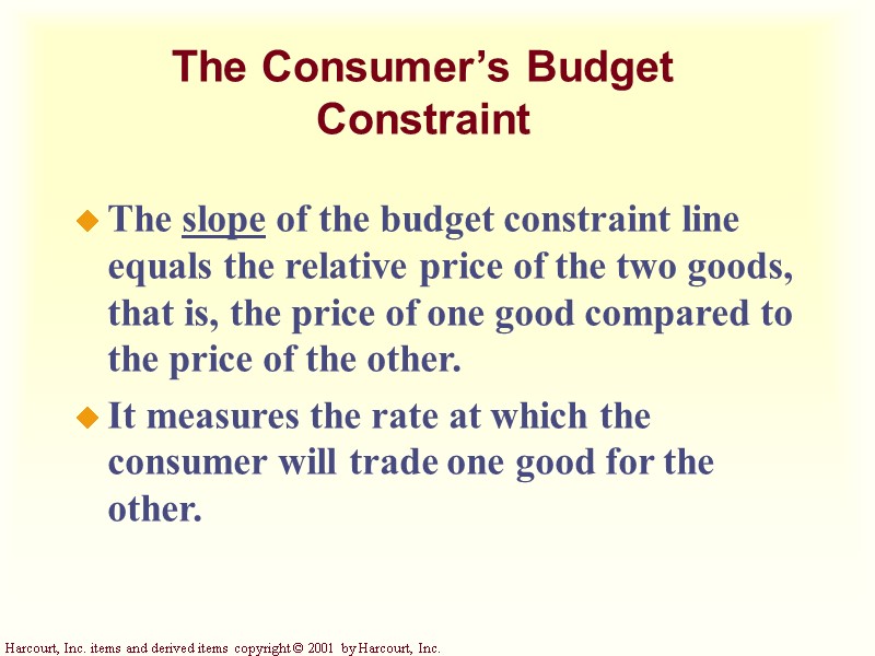 The Consumer’s Budget Constraint The slope of the budget constraint line equals the relative The Consumer’s Budget Constraint The slope of the budget constraint line equals the relative